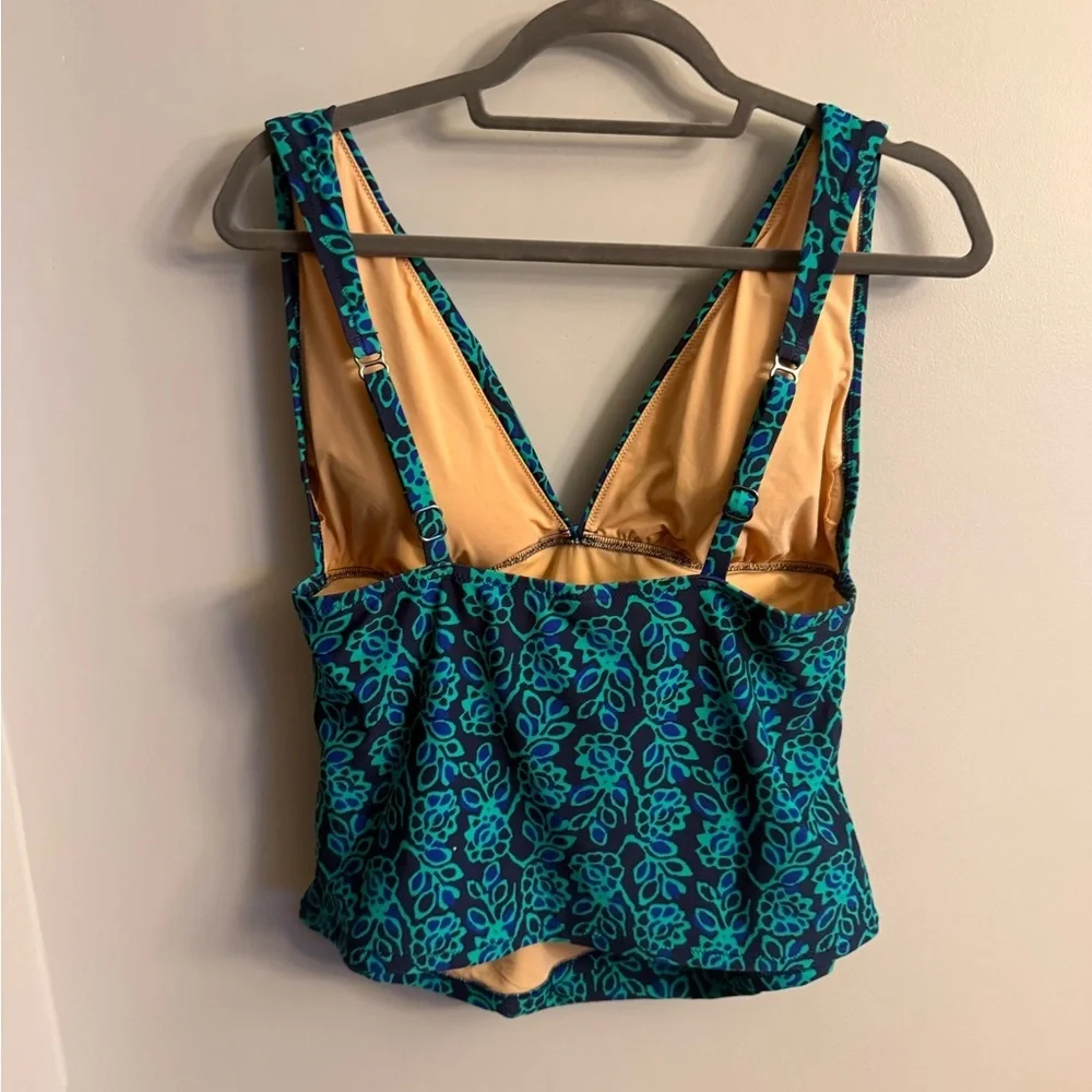 J.Crew Floral One Piece Swimsuit Plunge Neck Adjustable Straps Blue Green Size L